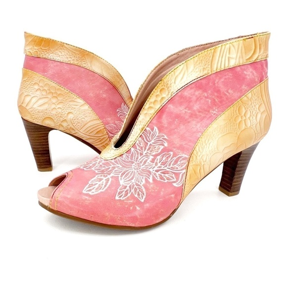 L’Artiste Adrina Bootie Pink & Tan Floral Peep Toe Heels Euro Size 42 = US 11 - Picture 13 of 13